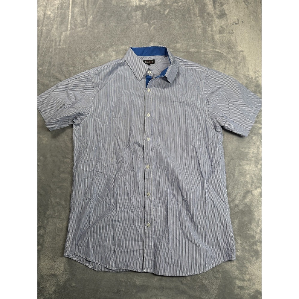 Galaxy by Harvic Shirt Mens Large White Blue Striped Short Sleeve Classic Fit